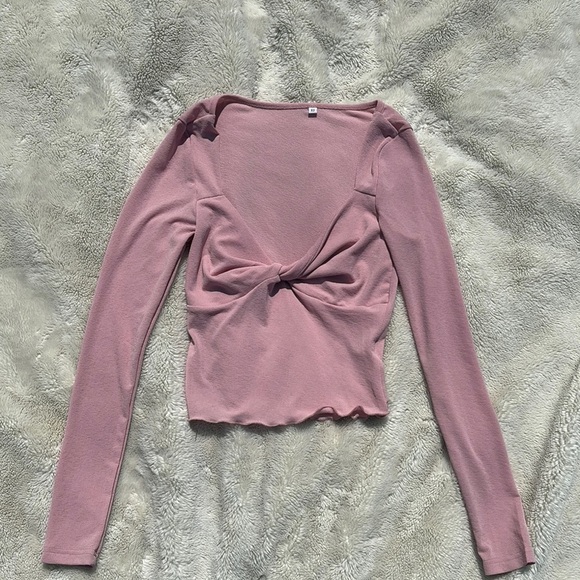 Pink Twist Front Ribbed Long Sleeve Crop Top | Size XS | Y2K Aesthetic - Picture 1 of 5